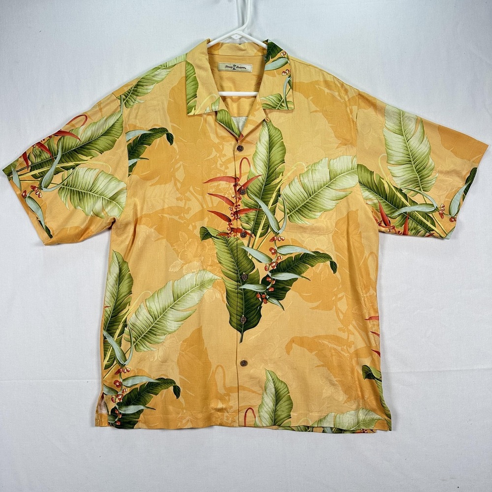 Tommy Bahama Silk Hawaiian Shirt Mens Large Orange Tropical Camp Button Front